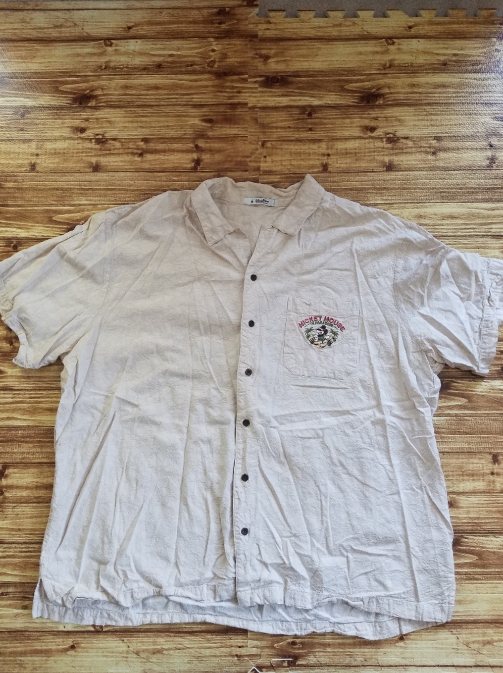 Disney Parks Mickey Mouse in Paradise Embroidered Hawaiian Camp Shirt Beige 2XL